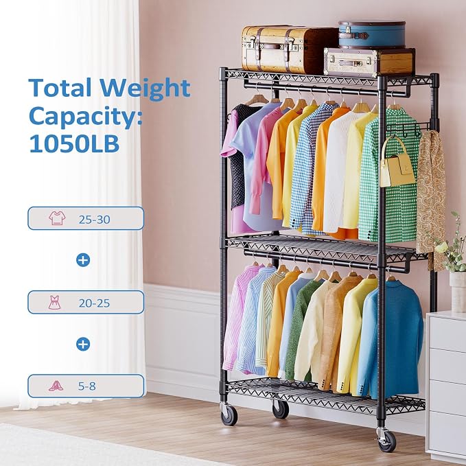 IZEUK 3 Tier Heavy Duty Rolling Garment Rack Wire Clothes Rack - Image 6