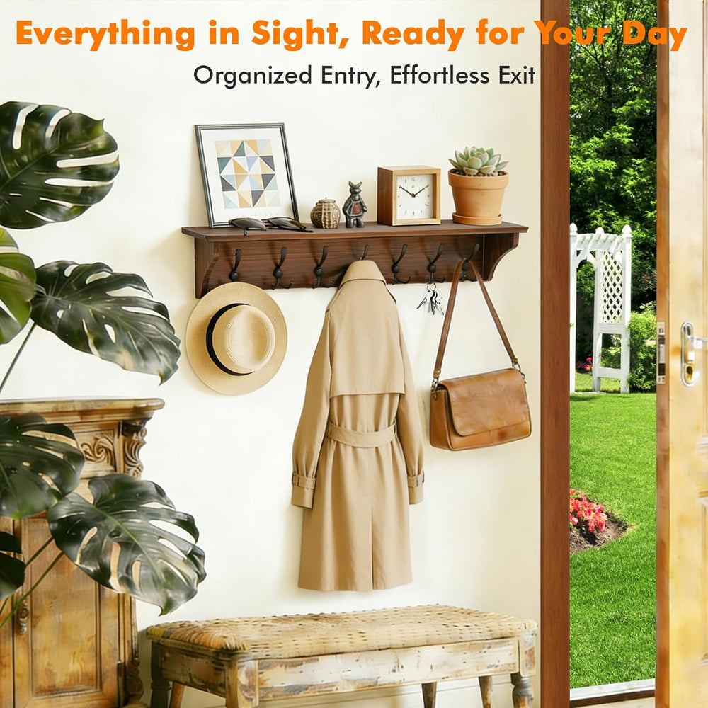 33" Coat Rack with Shelf Wall Mount, Pre-Assembled Solid Wood Coat Hooks...