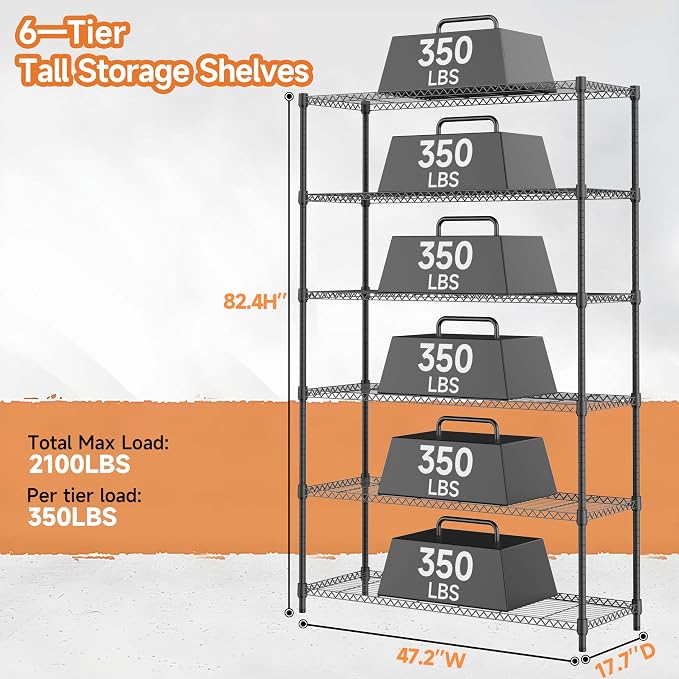 6 Tiers Storage Shelves Load 2100LBS, Metal Shelving Wire Metal Shelving Unit - Image 3
