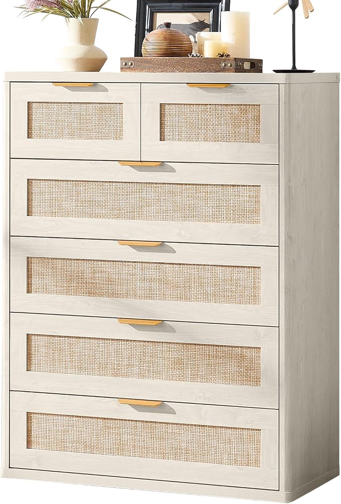 LEYAOYAO White Dresser for Bedroom, Modern 6 Drawers Boho Rattan Dressers by LEYAOYAO-Findtheshiningpointofyourideallife%EF%BC%81