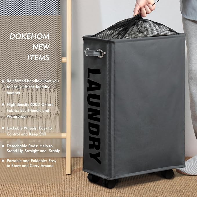 DOKEHOM 25-Inches Slim Laundry Basket on Wheels, Collapsible Rolling Laundry - Image 2