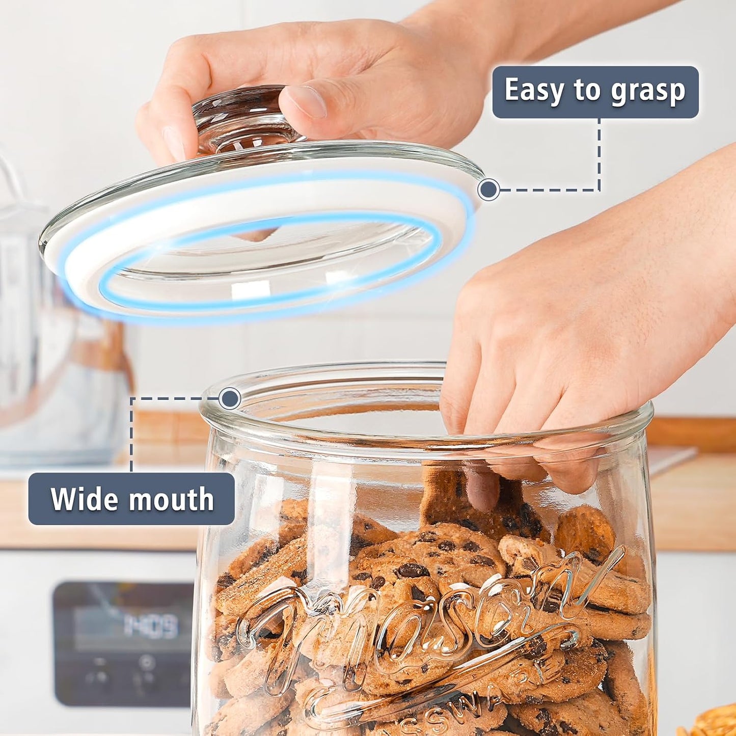 Folinstall 1 Gallon Glass Cookie Jar with Airtight Lid, Wide Mouth Canister | Silicone Seal Keeps Food Fresh, Large Capacity Holds 5 Lb Flour, Wide Mouth for Easy Access to Sourdough Starter, Dog Treat