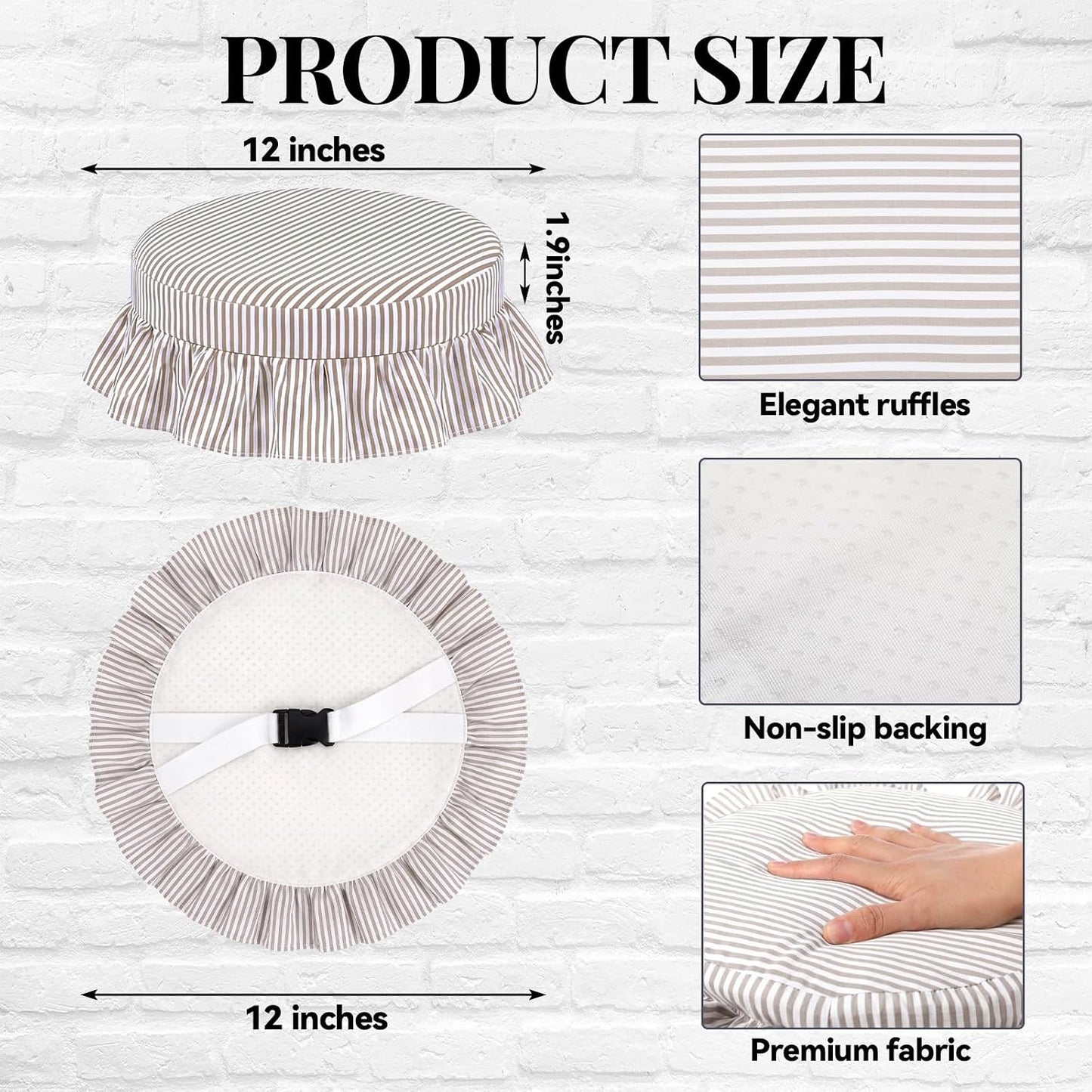 2 Pcs Bar Stool Covers with Ruffles 12 Inch Round Stool Cover with Elastic Band Pad Farmhouse Seat Slipcover Nonslip and Washable(Beige,Stripes)