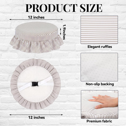 2 Pcs Bar Stool Covers with Ruffles 12 Inch Round Stool Cover with Elastic Band Pad Farmhouse Seat Slipcover Nonslip and Washable(Beige,Stripes)