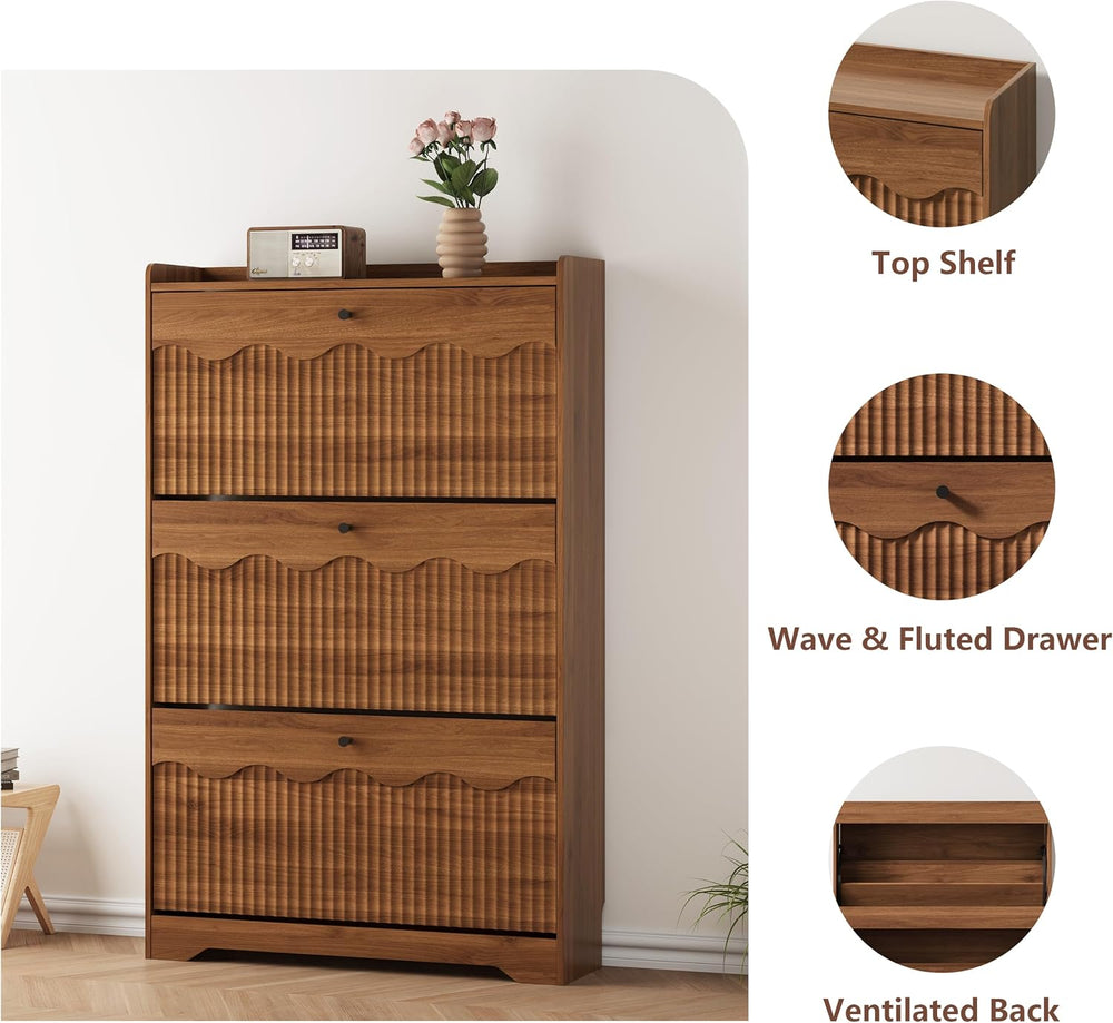 HUANLEGO Shoe Cabinet Storage for Entryway with 3 Flip Drawers, Walnut
