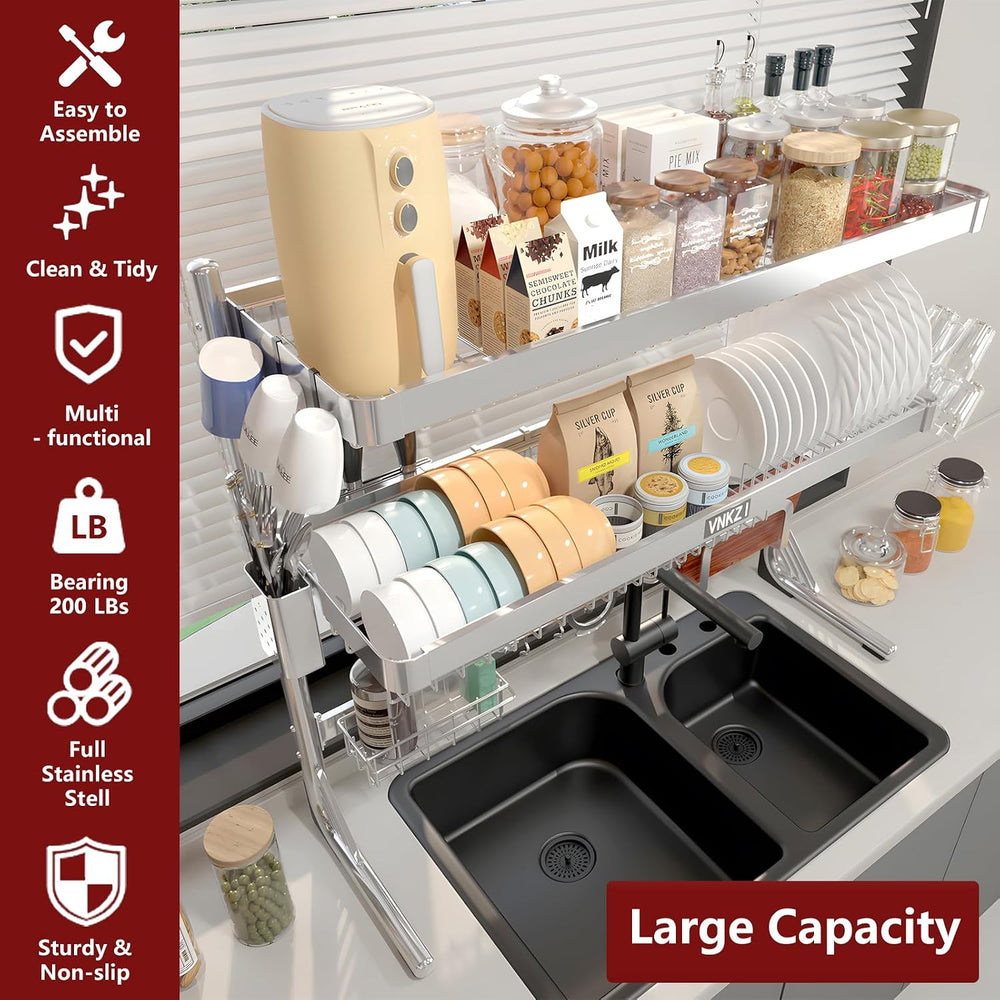 VNKZI Over Sink Dish Drying Rack, 3 Tier Full Stainless Steel Storage Adjusta...