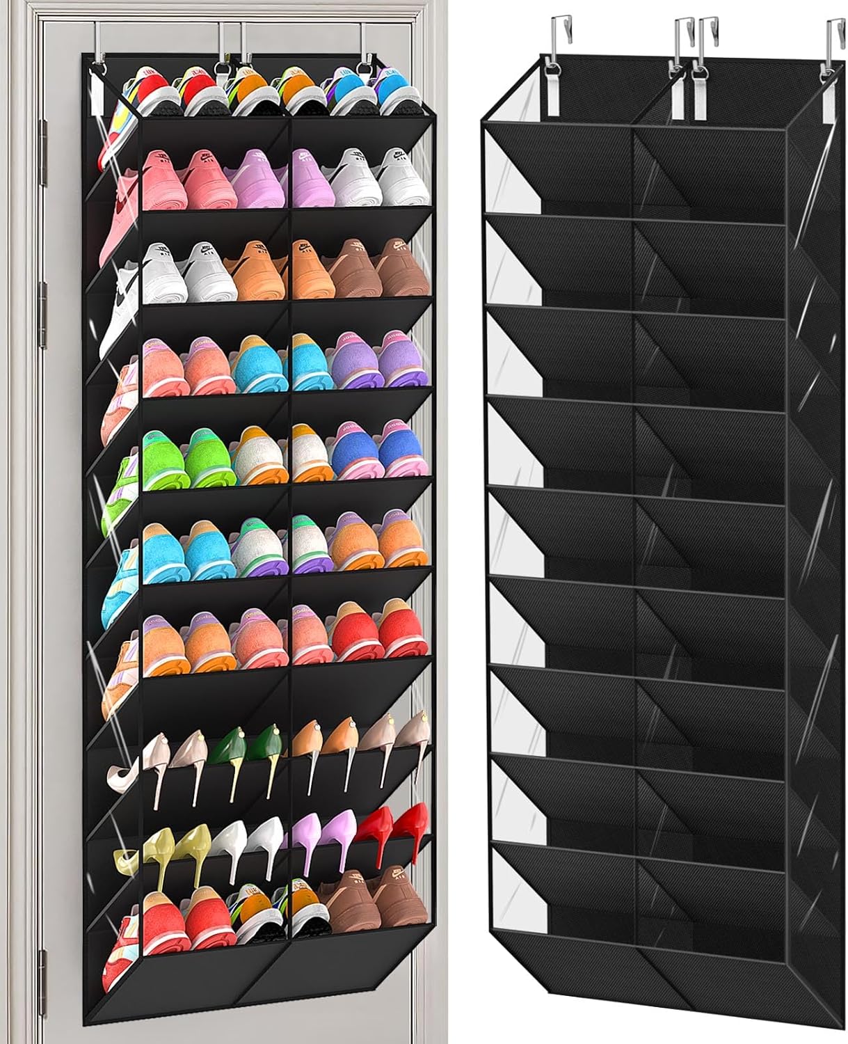 20-30 Pairs Over the Door Shoe Organizer, Clear Pockets Hanging Shoe Storage for Closet, 10-Tier Door Shoes Rack, Handing Shoes Holder Fit All the Family's Sneakers, Boots, Heels, Black