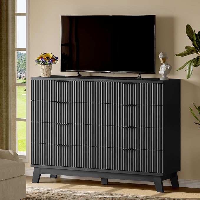 Fluted Dresser with 8 Drawers, Wooden Dresser TV Stand, Wood Closet Clothes - Image 7