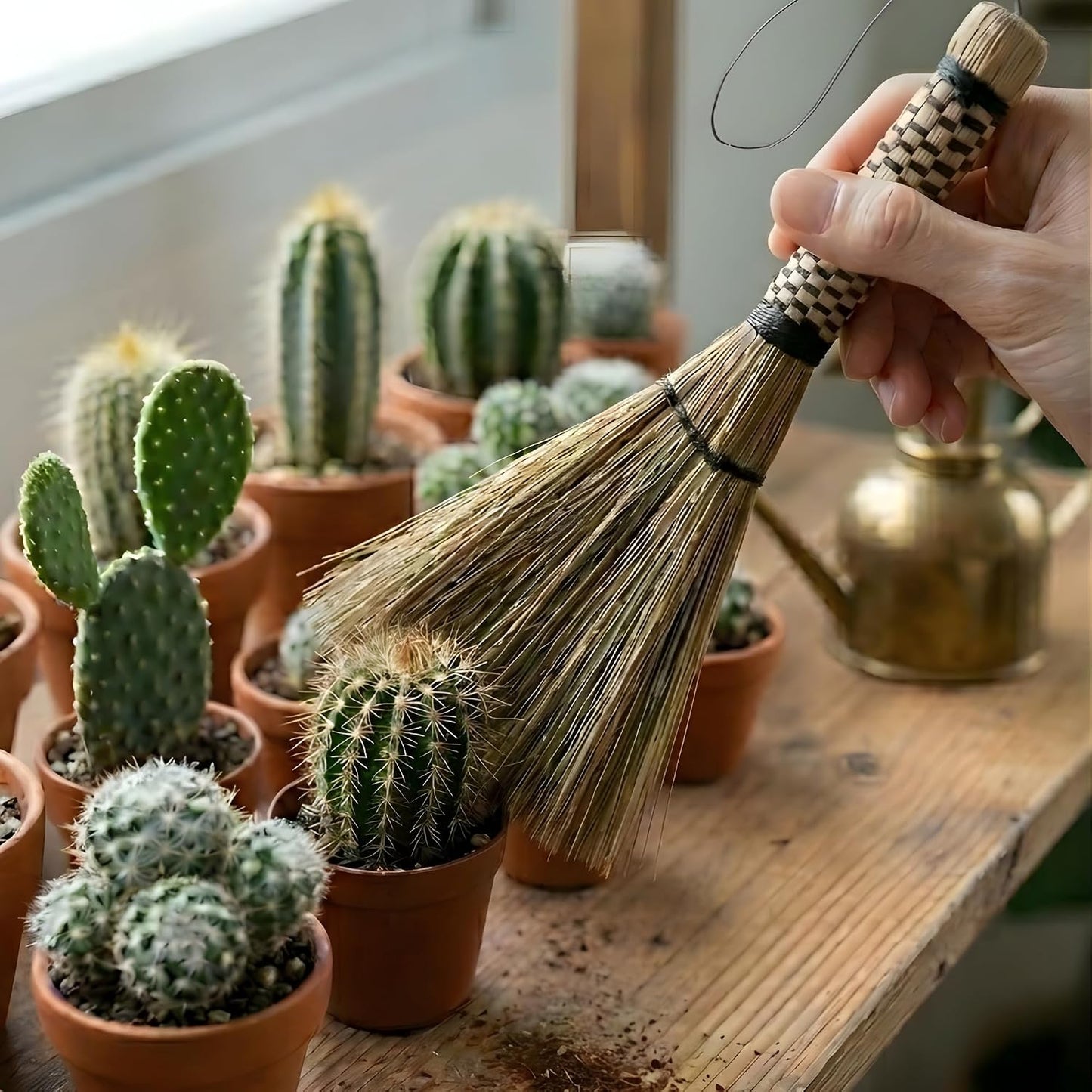 Cozy Leaf Handmade Mini Whisk Broom, Natural Grass Hand Sweeper for Desk, Keyboard, Coffee Bar, Plant & Crumb Cleaning, Woven Handle Palm-Sized Small Broom for Dollhouse & Altar Decor (9.5 Inches)