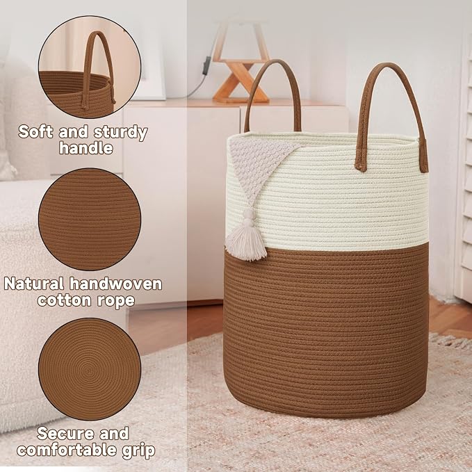 Large Woven Laundry Basket Hamper, 100L Cotton Rope Storage Bin - Image 6