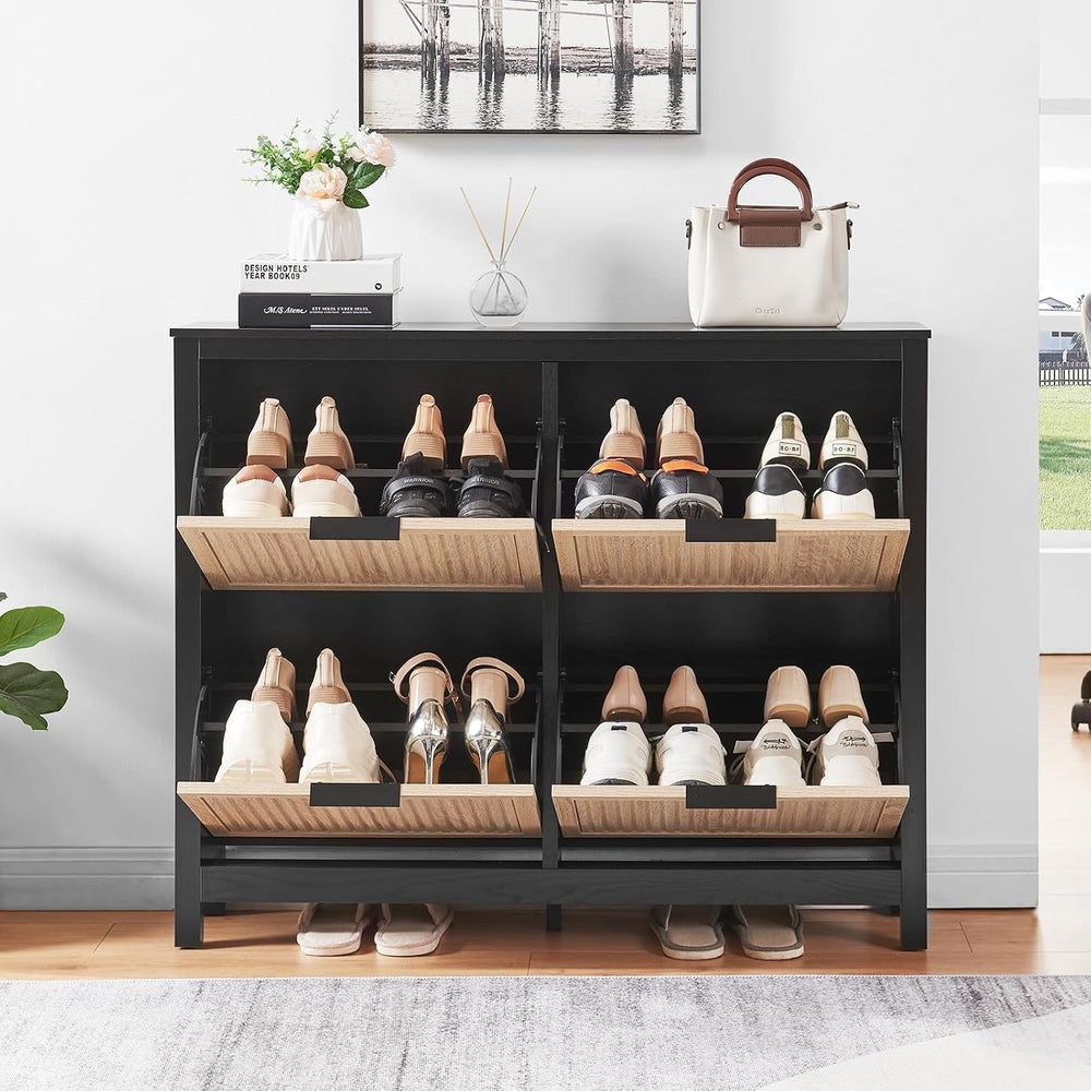 4-Flip Drawer Shoe Cabinet Narrow Entryway Rack, Oak & Black