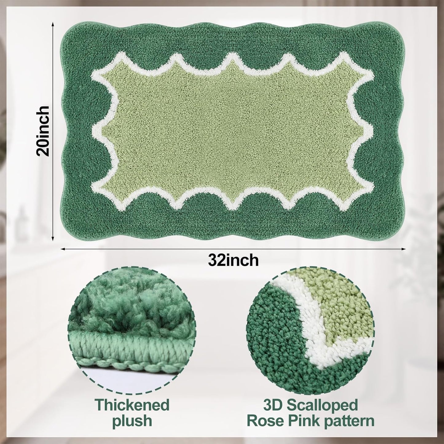 Green Cute Scalloped Bathroom Rug 20"x32" Plush Microfiber Scallop Bathroom Mat Non Slip Absorbent Quick Dry Bath Mat for Shower Room Floor Washable Carpet for Shower Tub Sink Bedroom