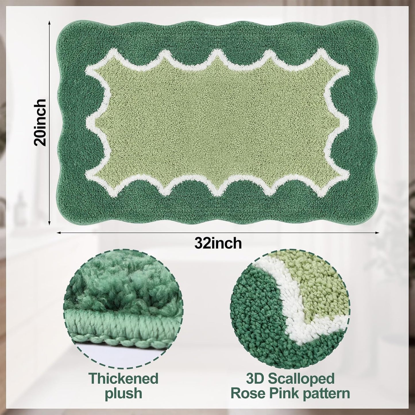 Green Cute Scalloped Bathroom Rug 20"x32" Plush Microfiber Scallop Bathroom Mat Non Slip Absorbent Quick Dry Bath Mat for Shower Room Floor Washable Carpet for Shower Tub Sink Bedroom