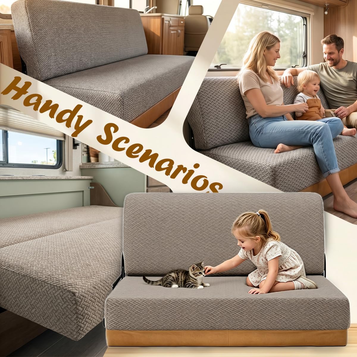 2 Piece RV Couch Covers for Jackknife Sofa Bed,Strap On RV Jackknife Sofa Cover,Anti Slip RV Couch Cover for RV Cushion Covers(Khaki)