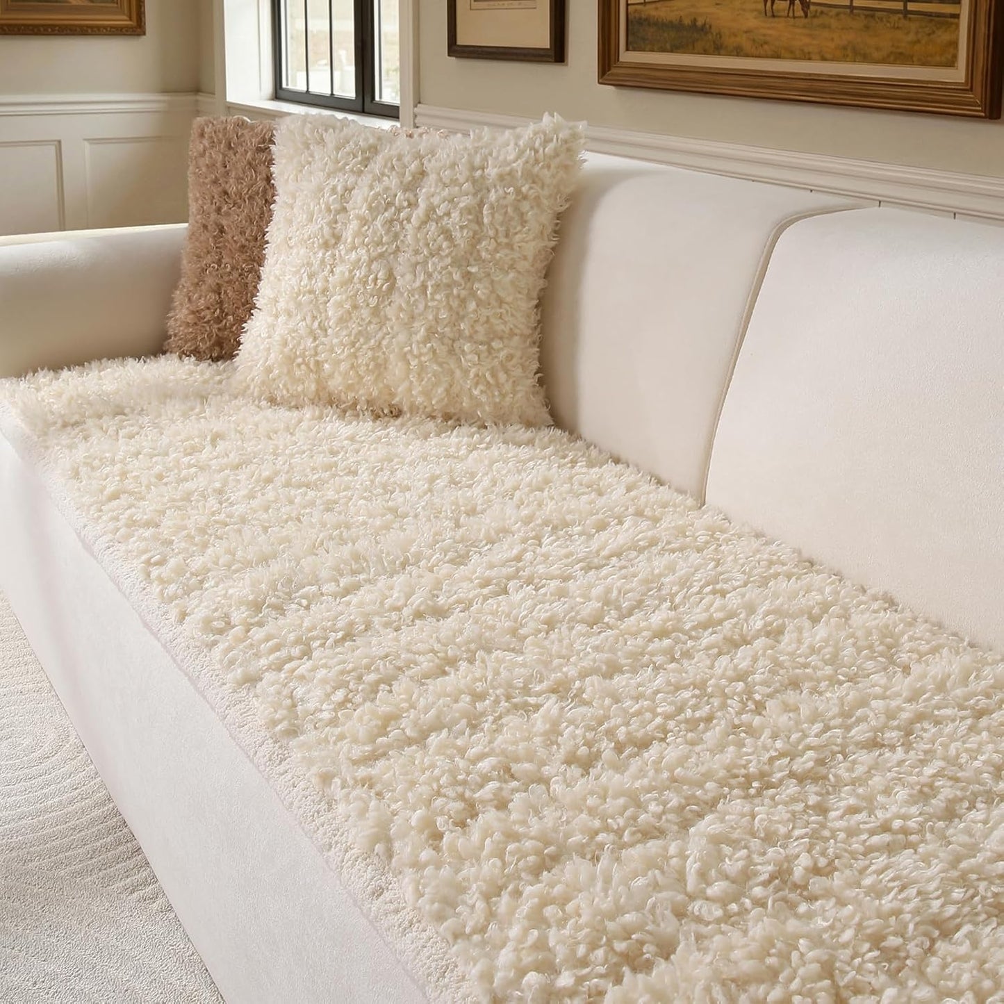 OHSIO Couch Cover for Pets, Washable Non-Slip Sofa Cover Pet Friendly, Soft Fuzzy Teddy Fleece Sofa Slipcover for 2 Cushion Sofa Furniture Protector (Ivory, 27.6" x 59")