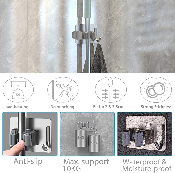 Mop Broom Holder No Drill, Mop Broom Organizer Wall Mounted Heavy Duty - Image 3