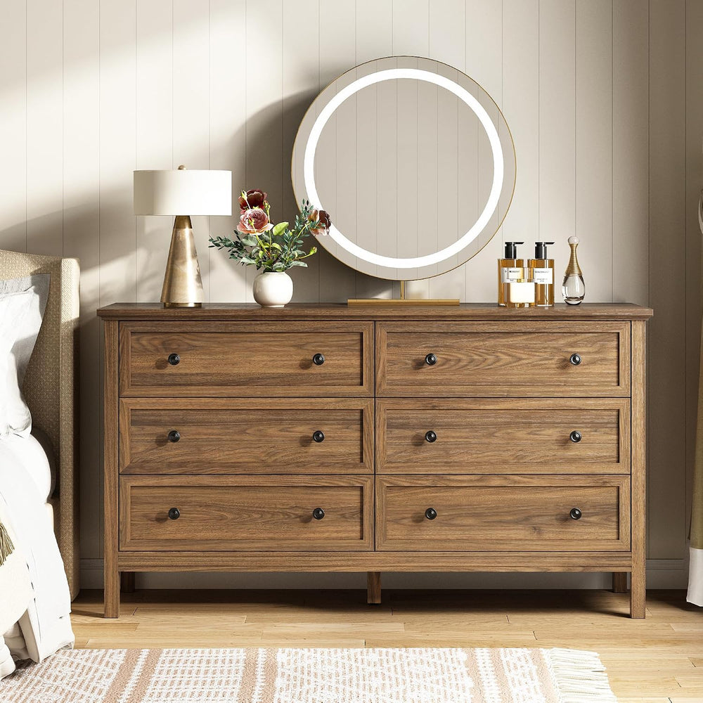 Tradare 55'' Walnut Dresser with 6 Drawers for Bedroom, Wood Dresser ...