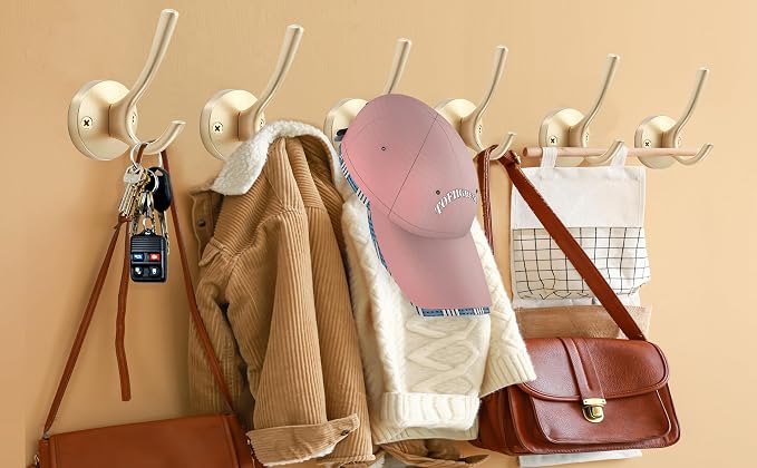 Gold Wall Hooks, 6 Pack Coat Robe Hook Heavy Duty Metal Double Bath Hook Wall - Image 2