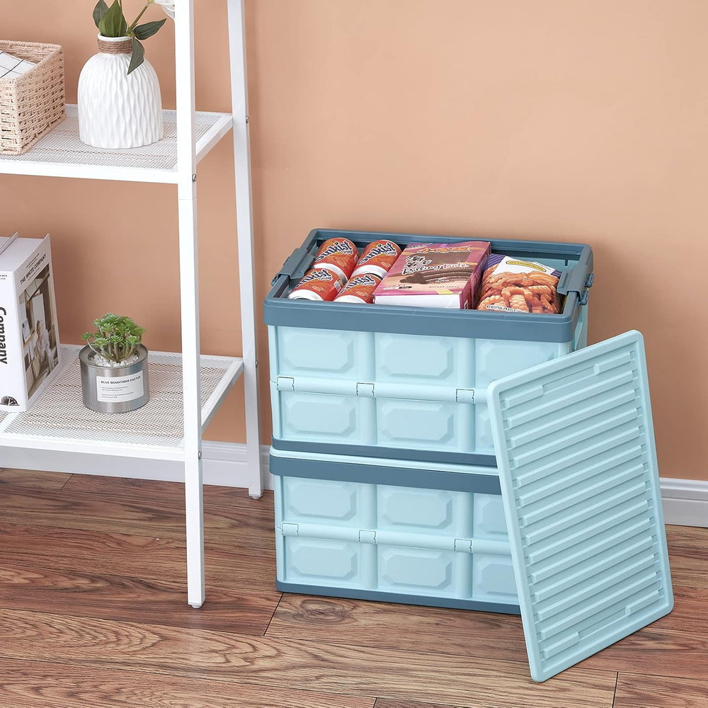 Blue Folding Plastic Stackable Utility Crates 2-Pack, Collapsible Storage Bin...