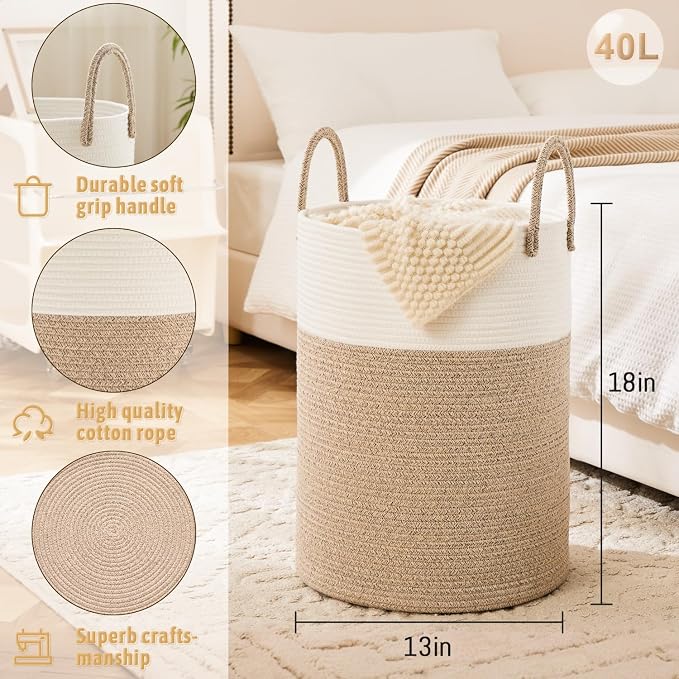 Laundry Basket, Woven Cotton Rope Laundry Hamper, 40L - Image 6