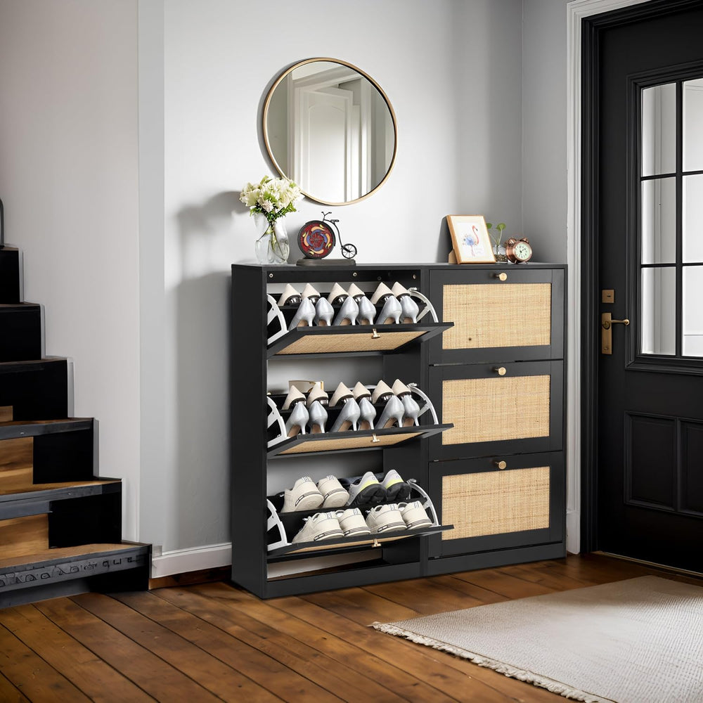Finnhomy 3 Tier Shoe Cabinet with Natural Rattan Flip Drawers for Entryway, F...