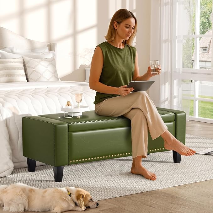 48.8" Storage Ottoman Bench Green | Faux Leather Bedroom Bench - Image 3