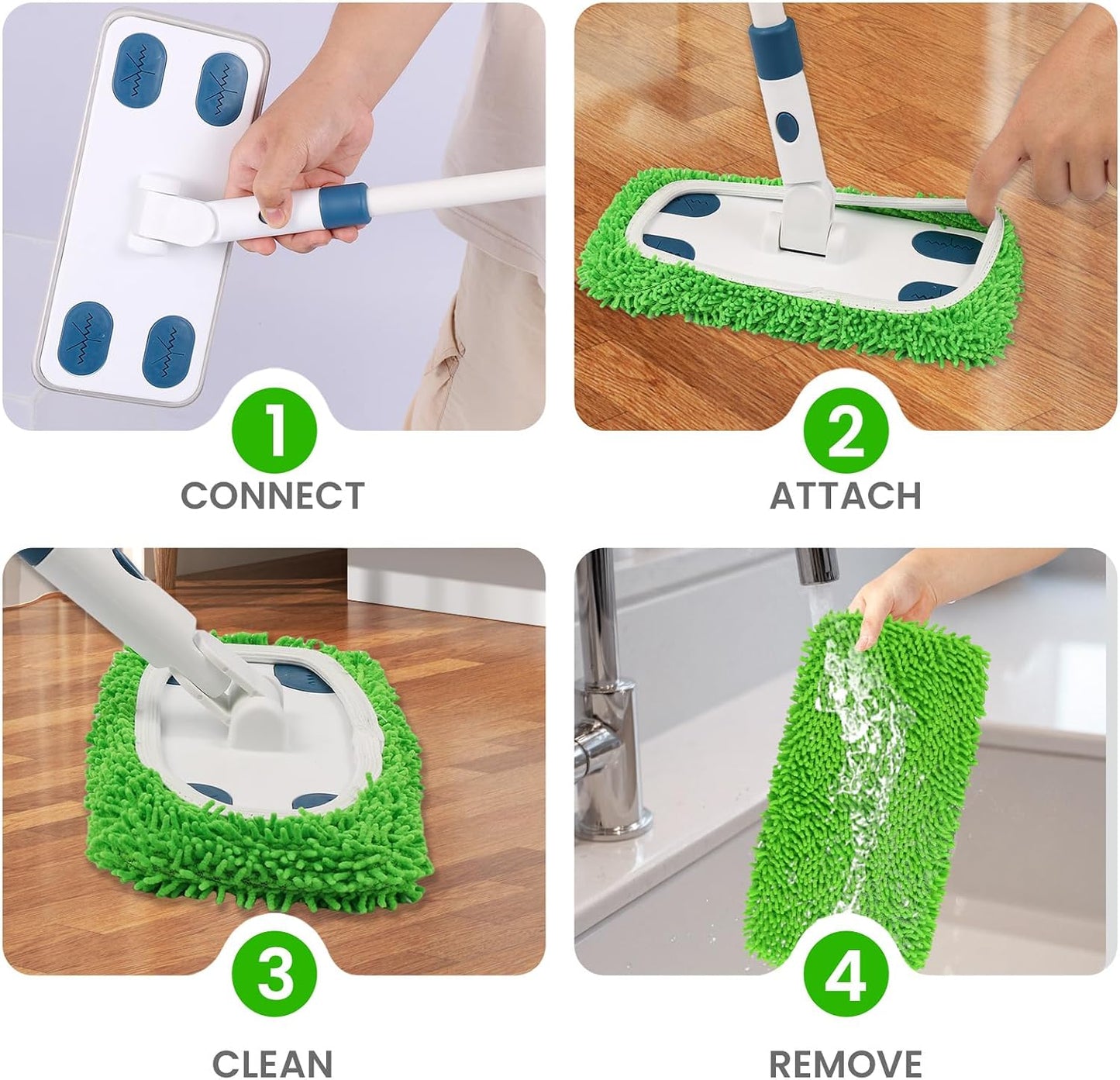 Reusable Microfiber Floor Mop System, Wet & Dry Sweeper Kit, Includes 1 Sweeper Handle, 3 Washable Chenille Mop Pads, Dry & Wet Use for Hardwood, Tile, and Laminate Floor, Blue