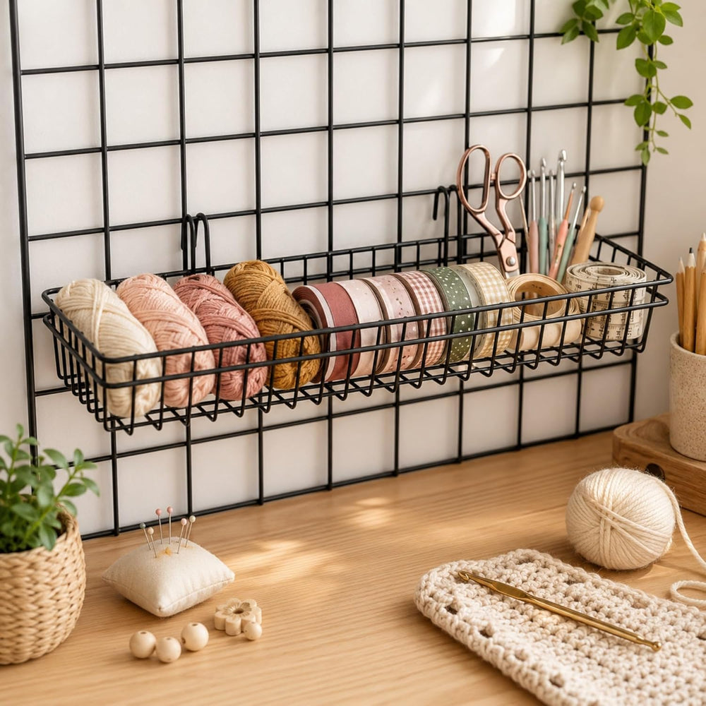 ANZOME Grid Wall Baskets, 4 Pack Black Wire Mesh with Hooks