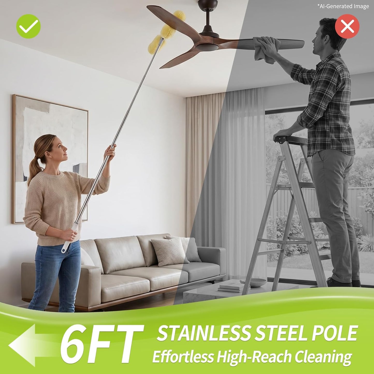 IVYROLL Dual Head Duster with Extended Handle 6 ft, Lockable Extendable Duster Kit with Extension Pole for High Ceiling Fan & Wall, 8 Refills