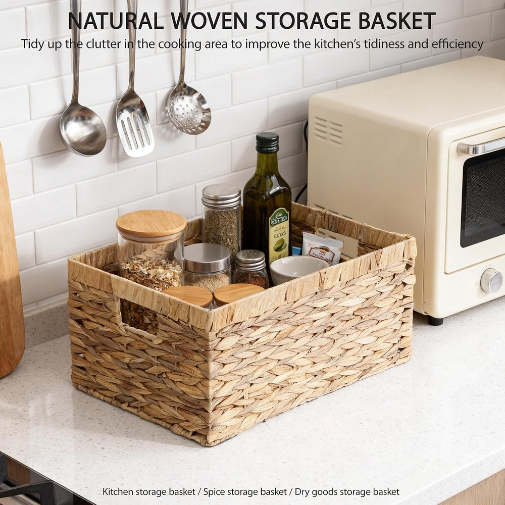 Woven Natural Water hyacinth Rectangular Storage Baskets with inside Handle,K...