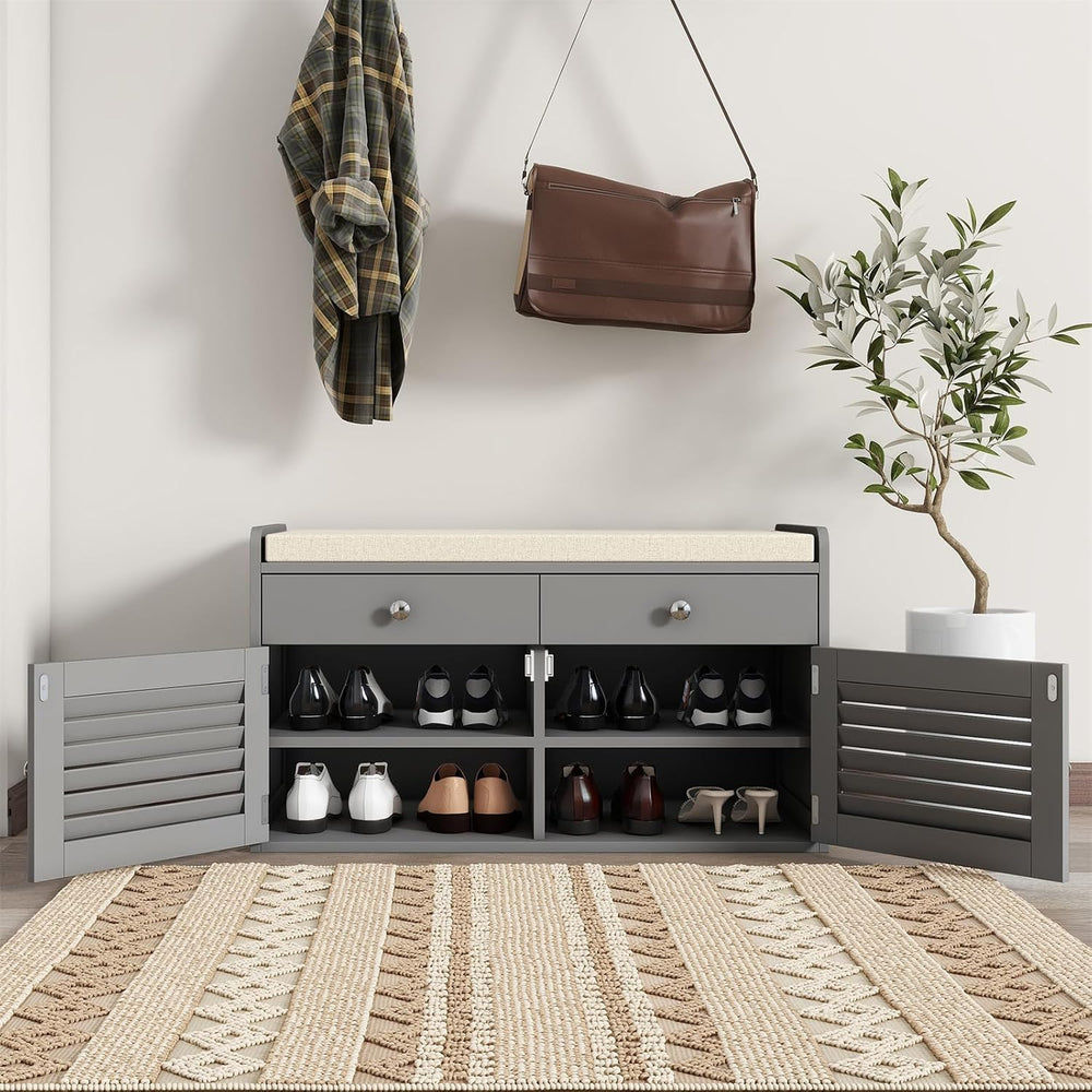 WARMHONIU Shoe Storage Bench with 2 Drawers Storage & Cushioned Seats