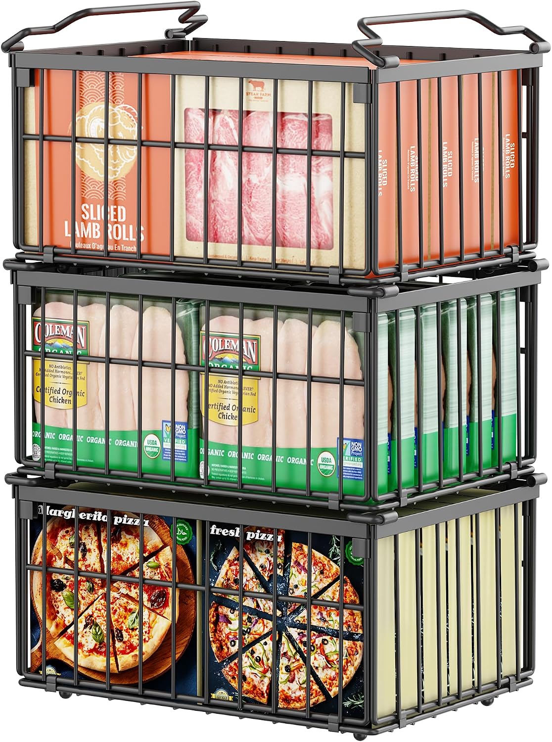 Freezer Organizer Bins, 3 Pack Enlarged Baskets for 5-9 Cu.FT Deep Freezer | Stackable Chest Freezer Organizer Bins, Foldable with Handles, Black Storage Container Baskets for Sort Frozen Meats