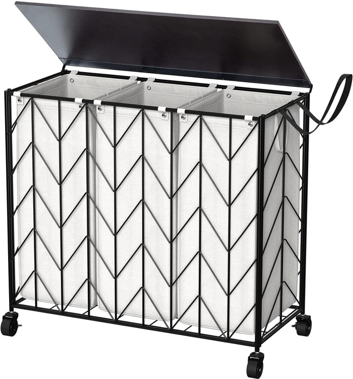 WOWLIVE Laundry Hamper 3 Section with Lid, 142L Laundry Basket with Wheels
