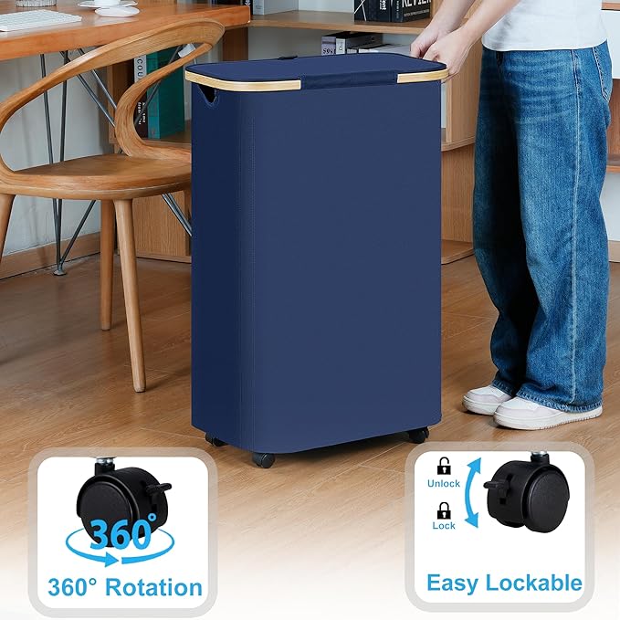 efluky Laundry Basket with Wheels, Tall Rolling Laundry Hamper with Lid and - Image 3