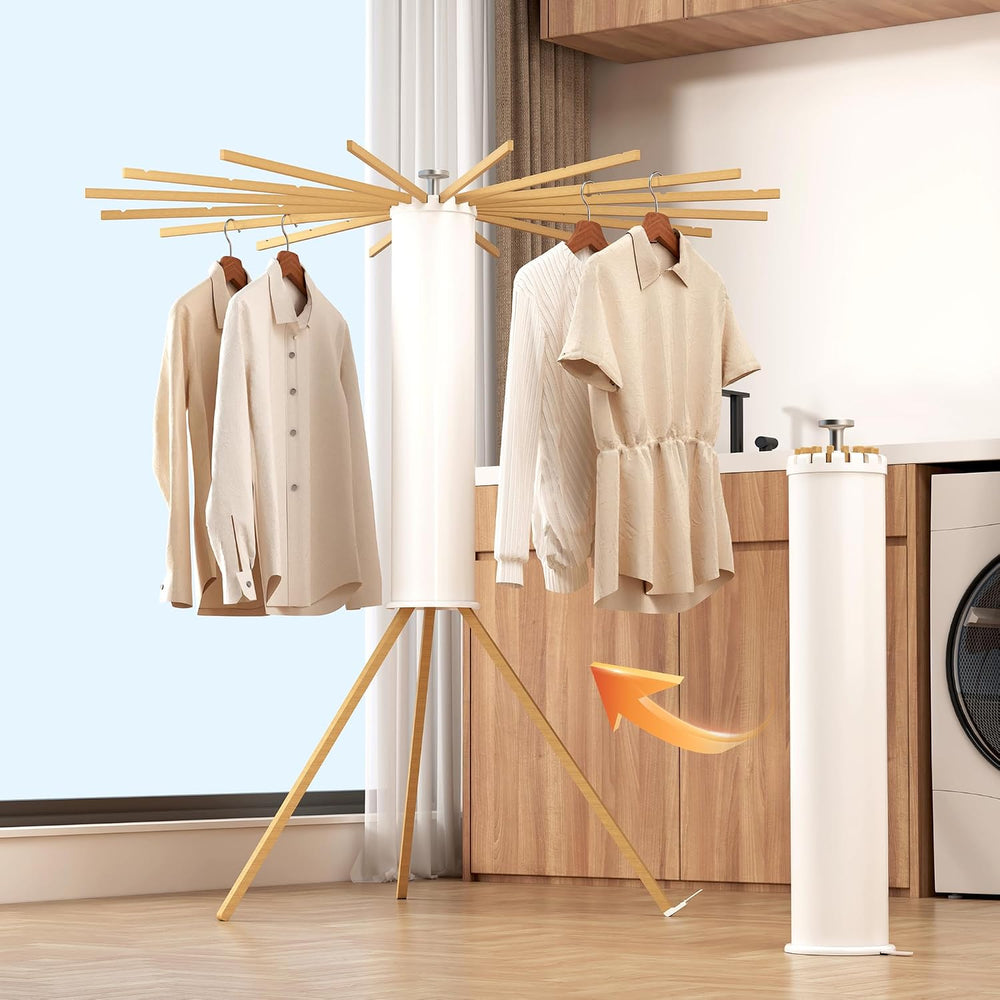 Heavy-Duty Wooden Tripod Clothes Drying Rack, 16 Rods, Large Capacity, 360° A...