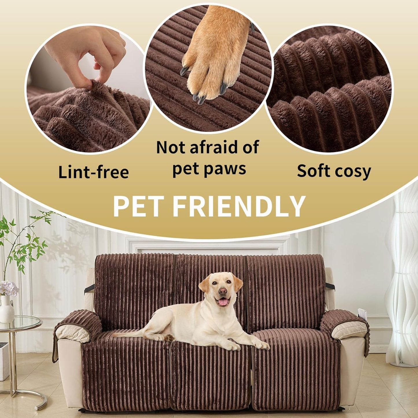 HAOMAIJIA Waterproof Recliner Couch Cover Non-Slip Reclining Couch Covers Faux Fur Soft Thick Washable Recliner Sofa Covers 3 Seater Furniture Protector with Elastic for Dogs pet (Brown, 3 Seater)
