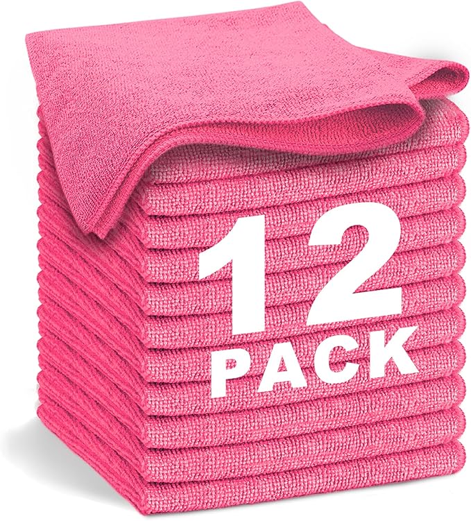 Pink Microfiber Cleaning Cloth 13"x13", Ultra Soft Absorbent Microfiber by WEAWE