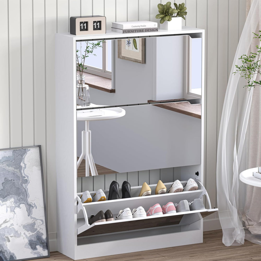 Shoe Cabinet with 3-Flip Mirror Drawers, Freestanding Shoe Rack Organizer with