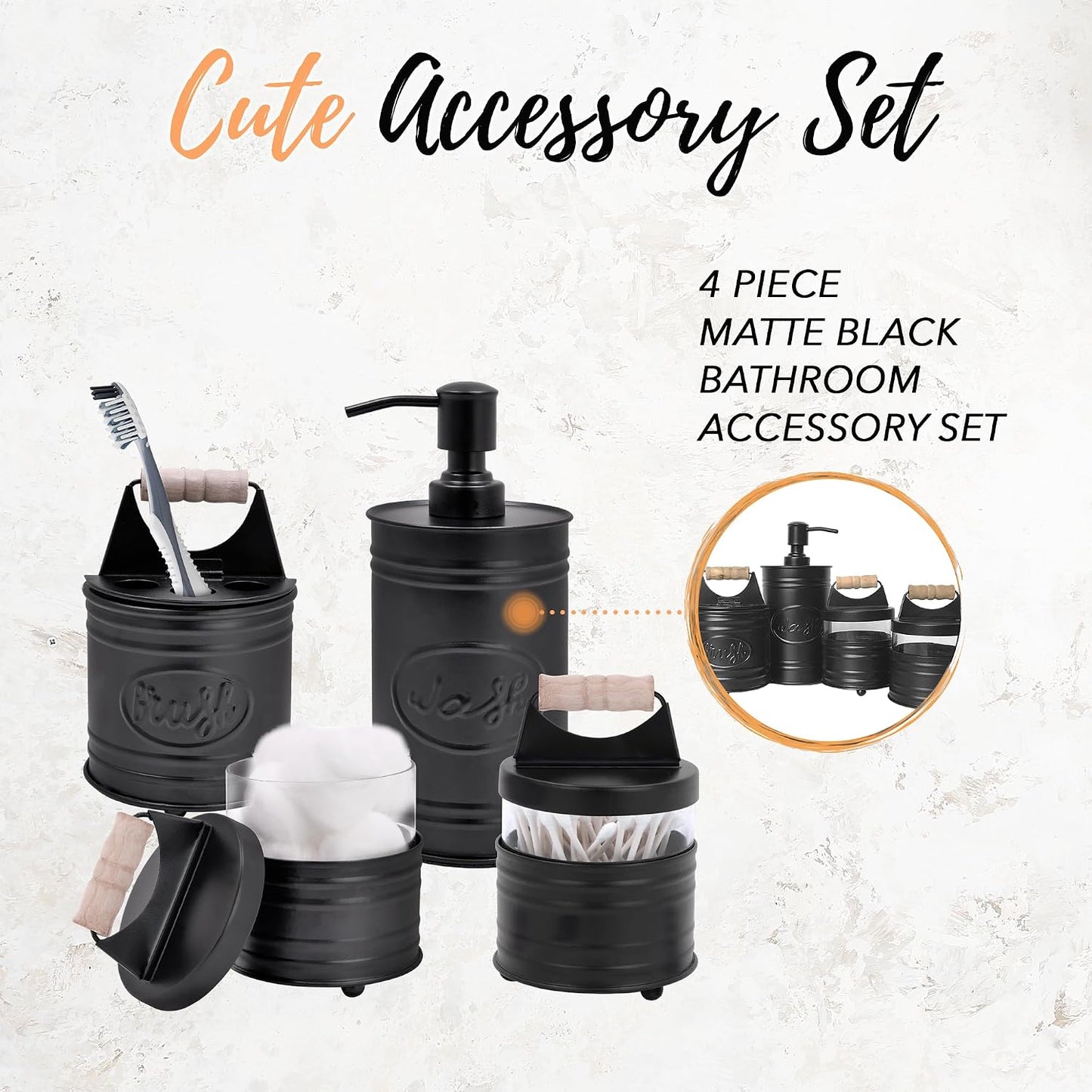 Autumn Alley Rustic Black Farmhouse Bathroom & Kitchen Accessories Set, 6-Piece Black Bathroom Set with Trash Can, Soap Dispenser, Toothbrush Holder, Decorative Sponge Holder & Apothecary Jars