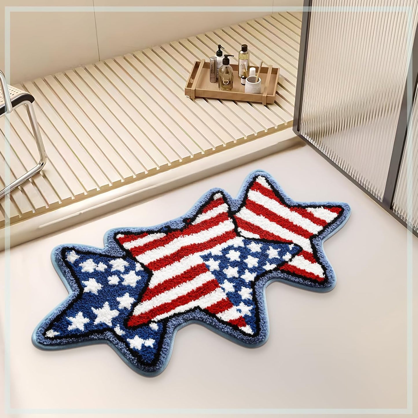 Moutina American Flag Stars Bathroom Rugs 18x36 Inch, Soft and Absorbent Tufted 4th of July Rug Non Slip Washable, Patriotic Bathroom Decor Bath Mat Holiday Decorations