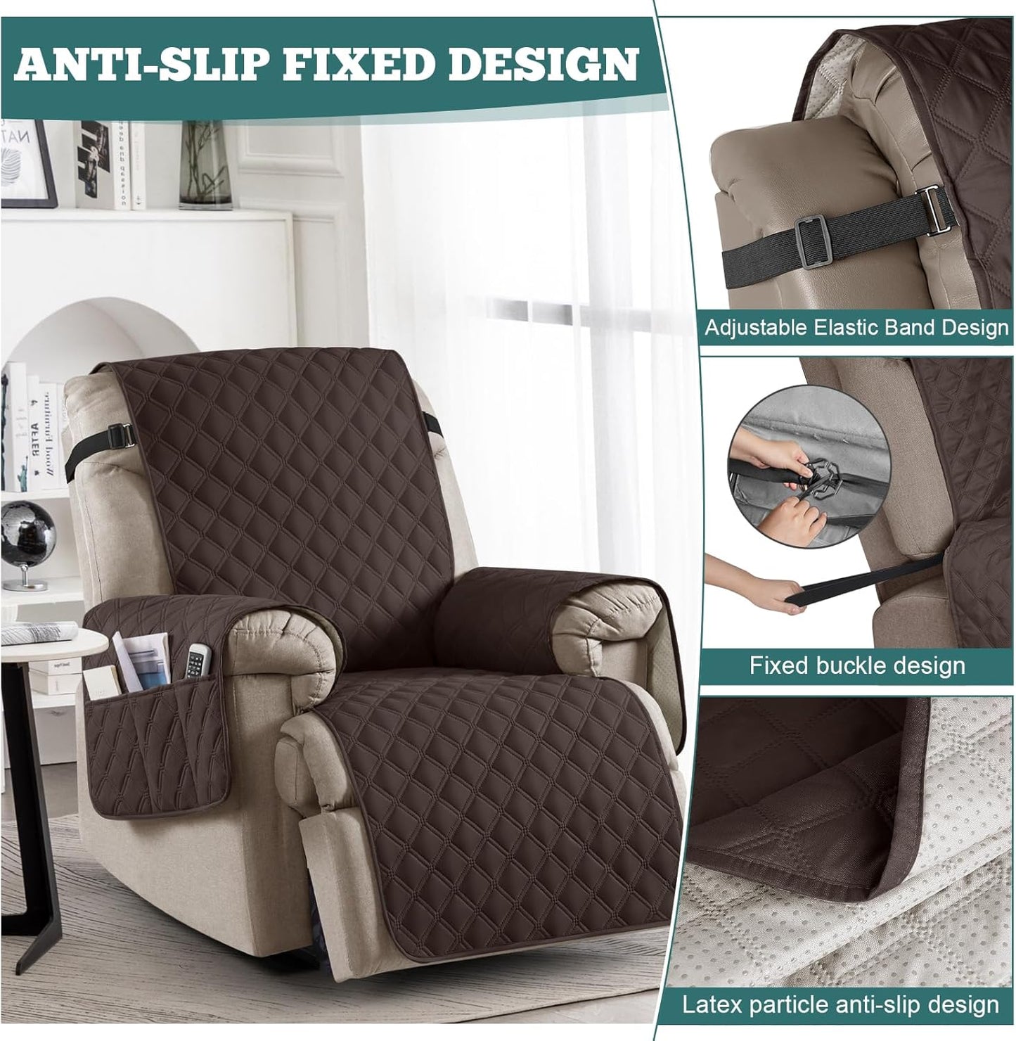 Ruaozz 100% Waterproof Recliner Chair Covers, Non-Slip Reclining Covers for Recliner Chair Washable Chair Cover, Recliner Covers with Pockets for Kids, Dogs, Pets (Chocolate, 23'')