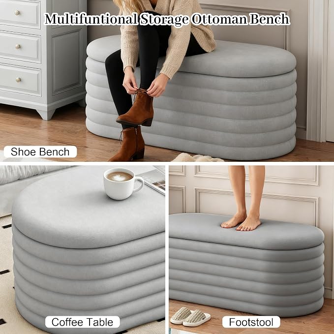Storage Ottoman Bench, Upholstered Fabric Storages Benches End of Bed Stool - Image 7