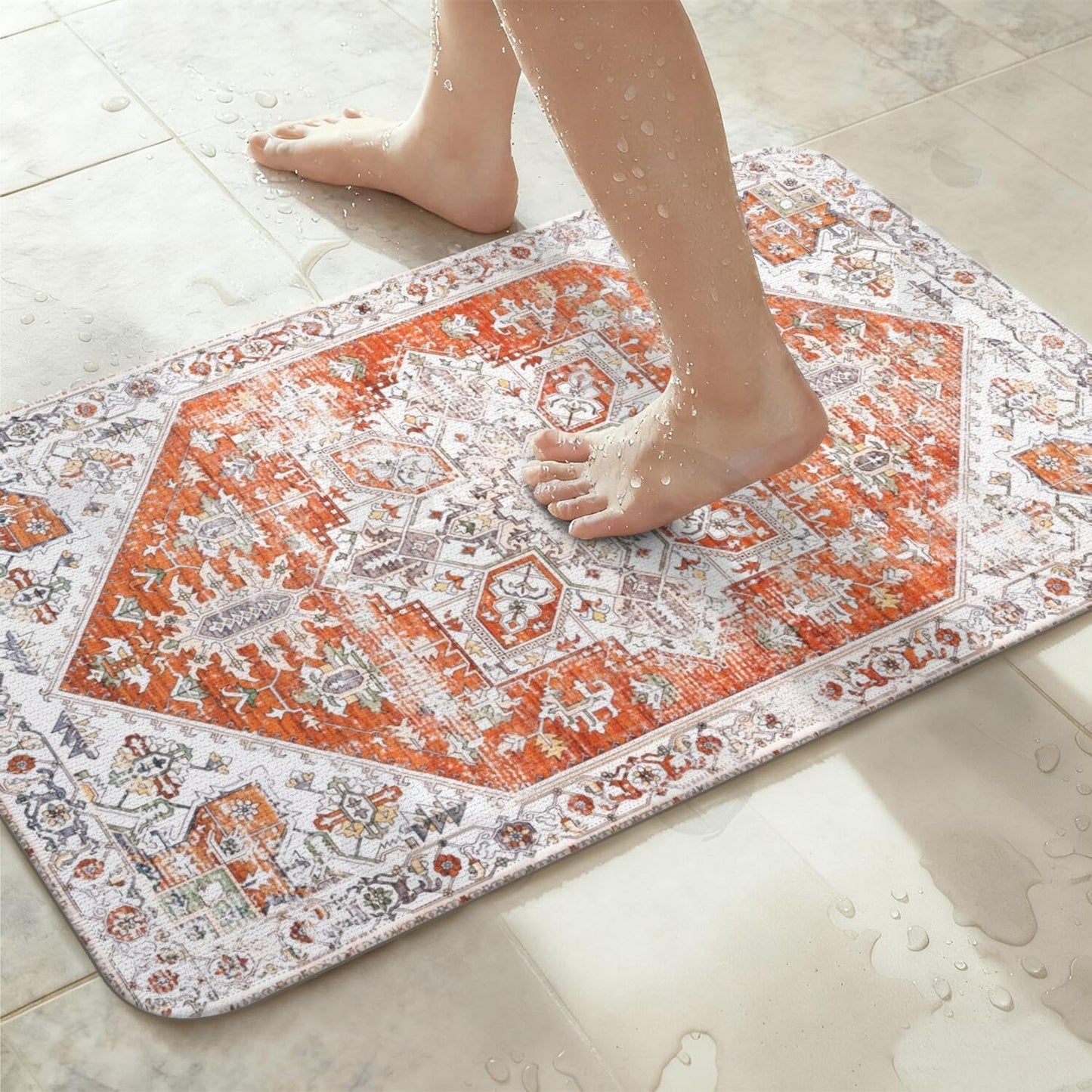 Thin Bath Mats for Bathroom Under Door, Vintage Boho Bathroom Rugs Non Slip with Rubber Backing, Quick Dry Washable Cute Small Bath Rug for Shower, Tub, Sink Floor, Orange,1'5"x2'3"