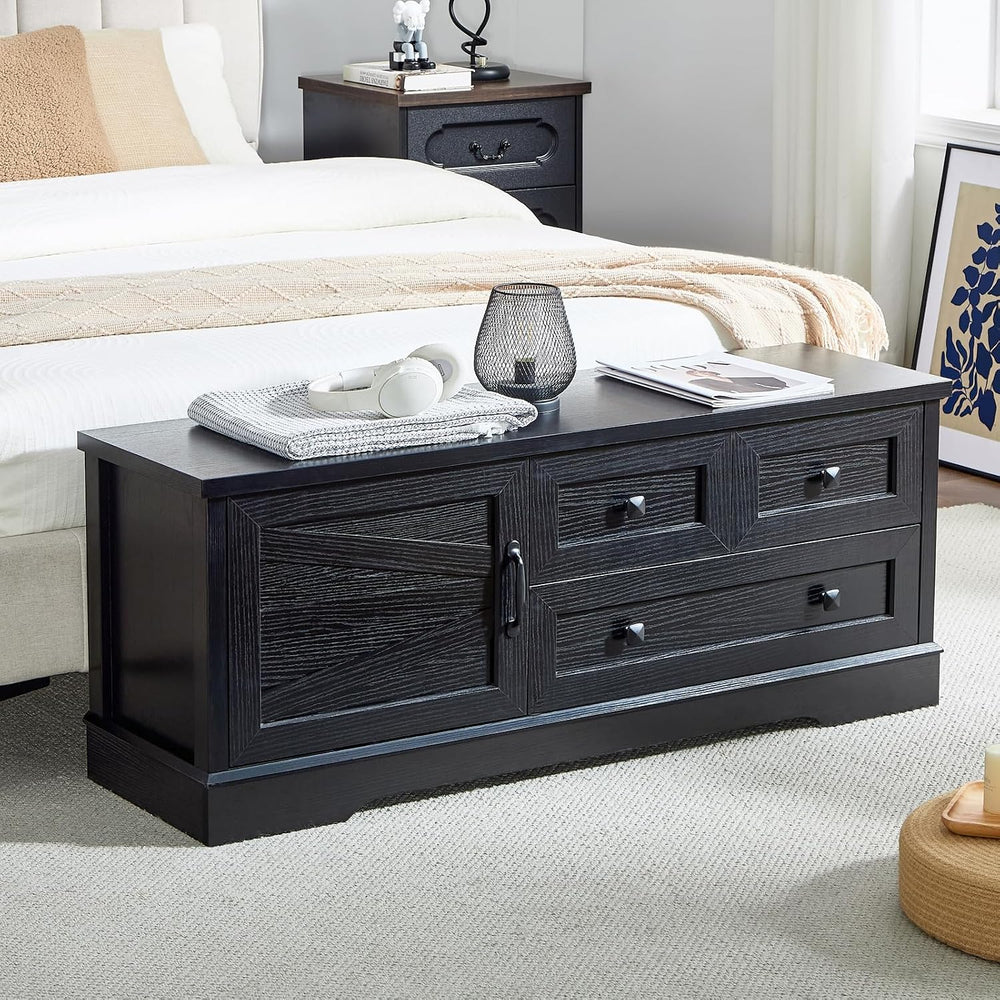 End of Bed Storage Bench, Farmhouse Bed Bench with Drawers & Cabinet, Black