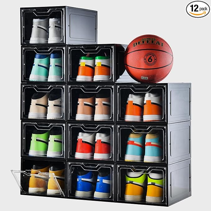12 Pack Shoe Boxes Organizer, Magnetic Door Shoe Storage Boxes, Fit up to US by Stebopum