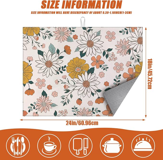 Boho Flower Dish Drying Mat for Kitchen Counter Microfiber Absorbent Dish - Image 2