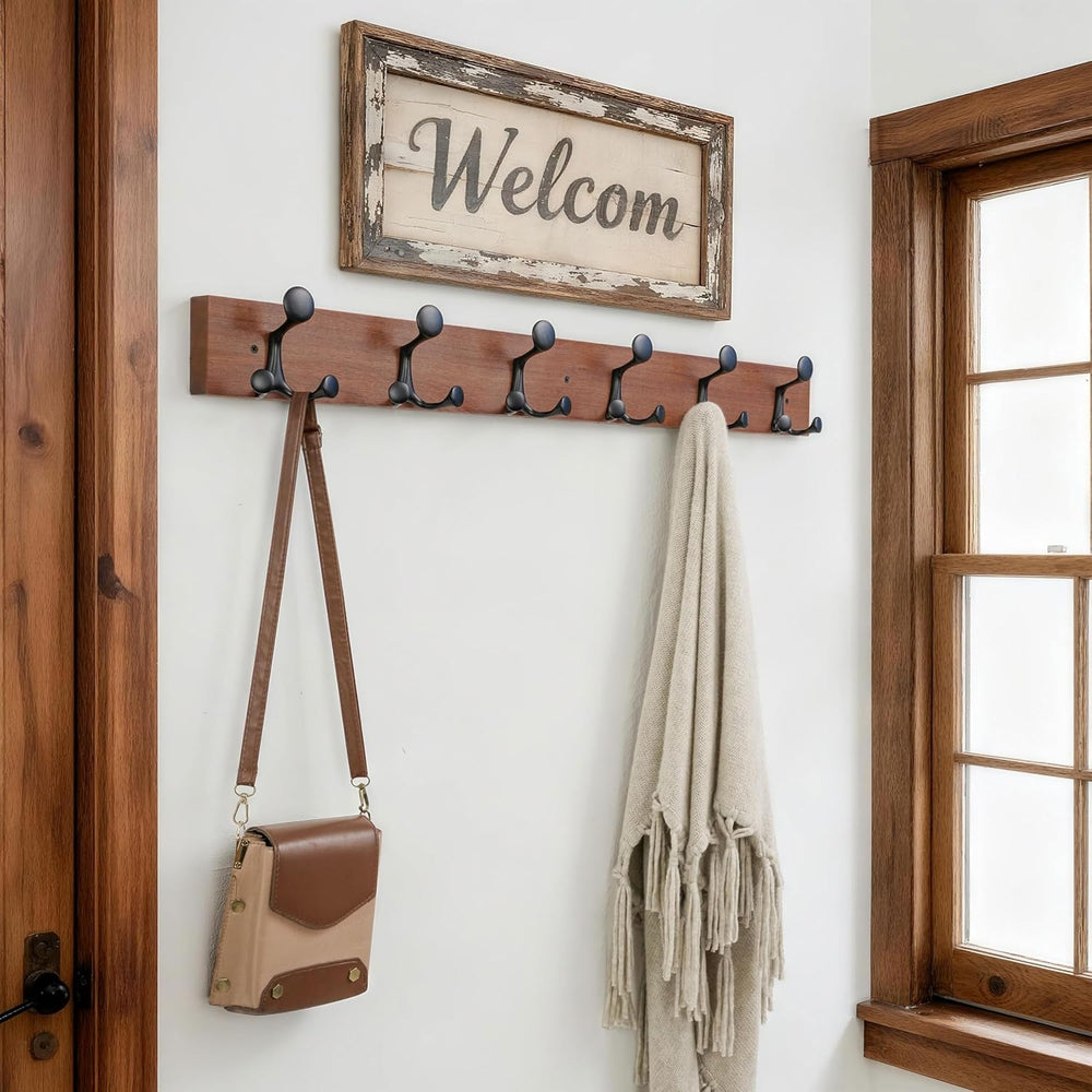 SKOLOO 36-Inch Wood Coat Rack Wall Mount with 6 Triple Hooks - Ideal for Fami...
