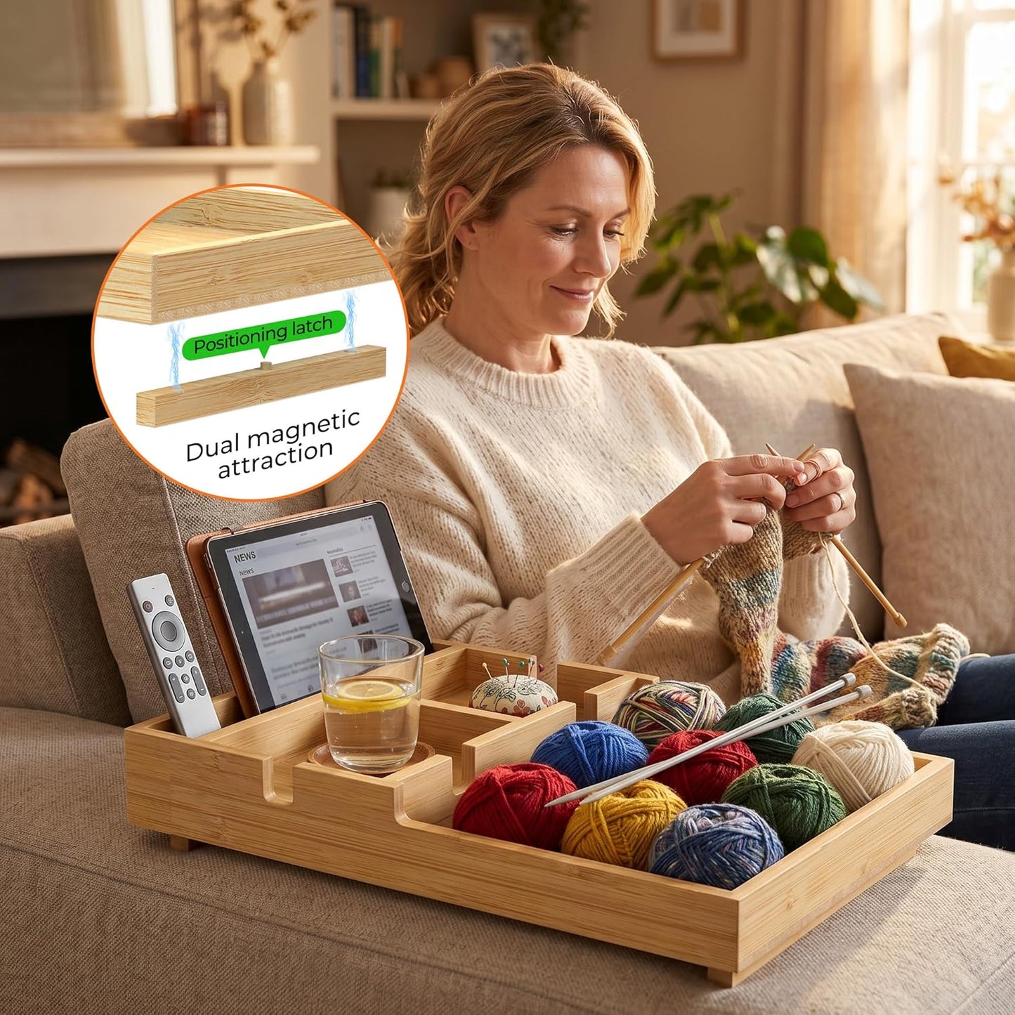 Couch Tray Insert for Middle Seat, Bamboo Couch Table with 2 Cup Holders, Natural, Fits Armless Sofa & Sectionals
