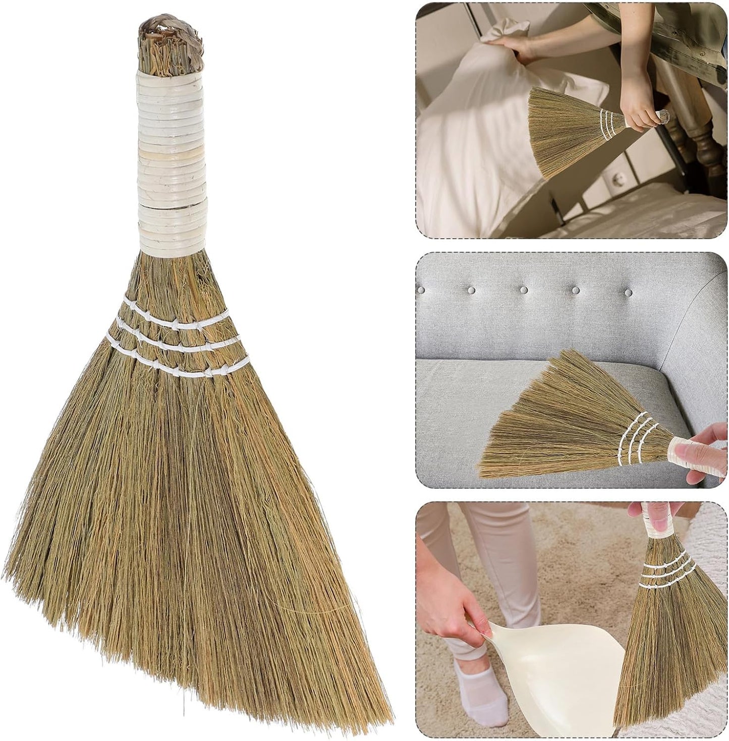 STOBAZA Handheld Small Soft Straw Broom 20x28cm with White Handle, Handmade Asian Straw Whisk Broom for Indoor Dust Removal and Pet Hair Cleaning