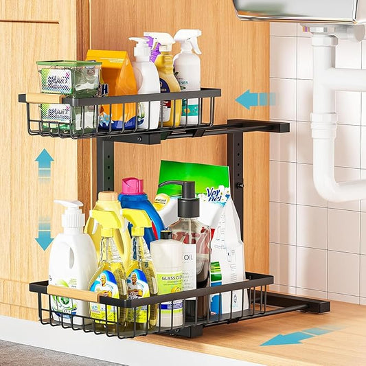 Under Sink Organizer Storage 1 pack, 2 Tier Slide Out Height Adjustable Pull by Liuoud
